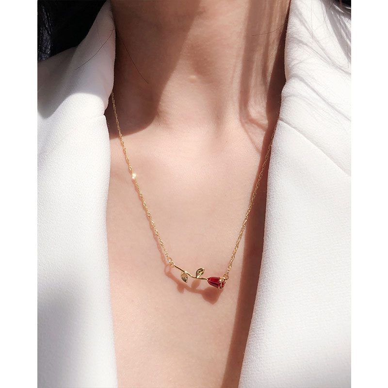 Wholesale Jewelry IG Style Romantic Sweet Rose Brass 24K Gold Plated Enamel Three-dimensional Necklace