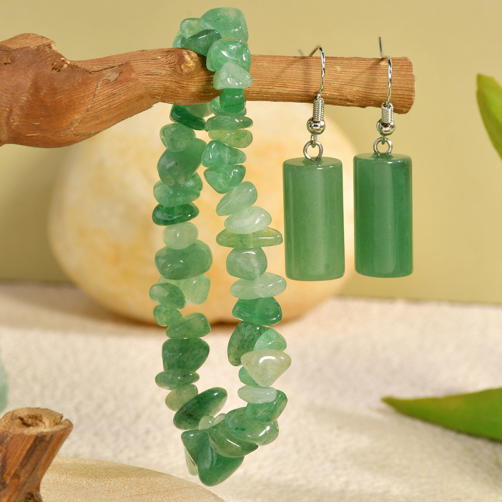 Chinese Style Natural Stone Crystal Beaded Necklace Women's Jewelry Set Green Dongling Earrings Bracelet Geometric Pattern Fashion Accessories