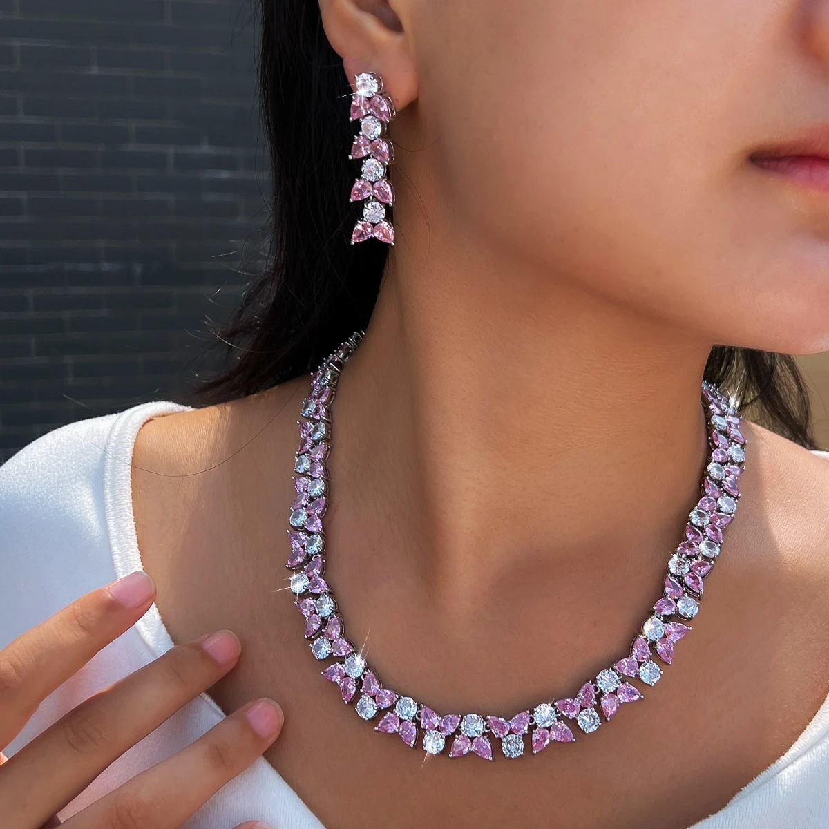 2-Piece Copper Jewelry Set Sweet Pink Cubic Zirconia Necklace Earrings Set Suitable For Women's Wedding/Engagement Occasions