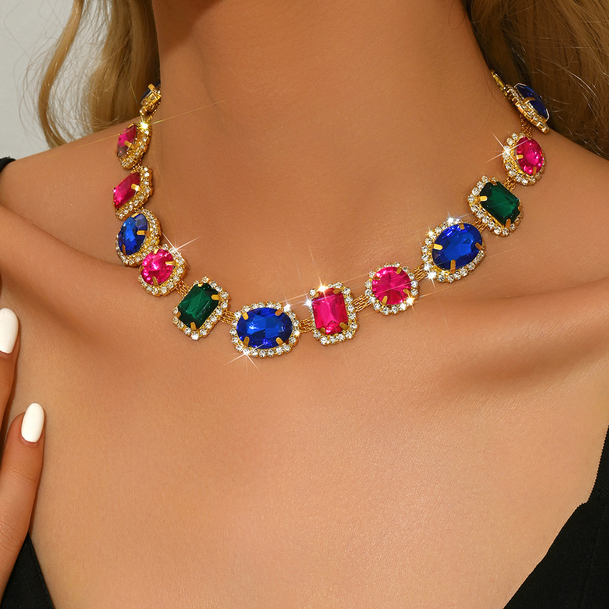 Exaggerated  Luxury Full Drill Geometric Oval Colorful Crystal Necklace And Earring Set Fashionable Collar Chain