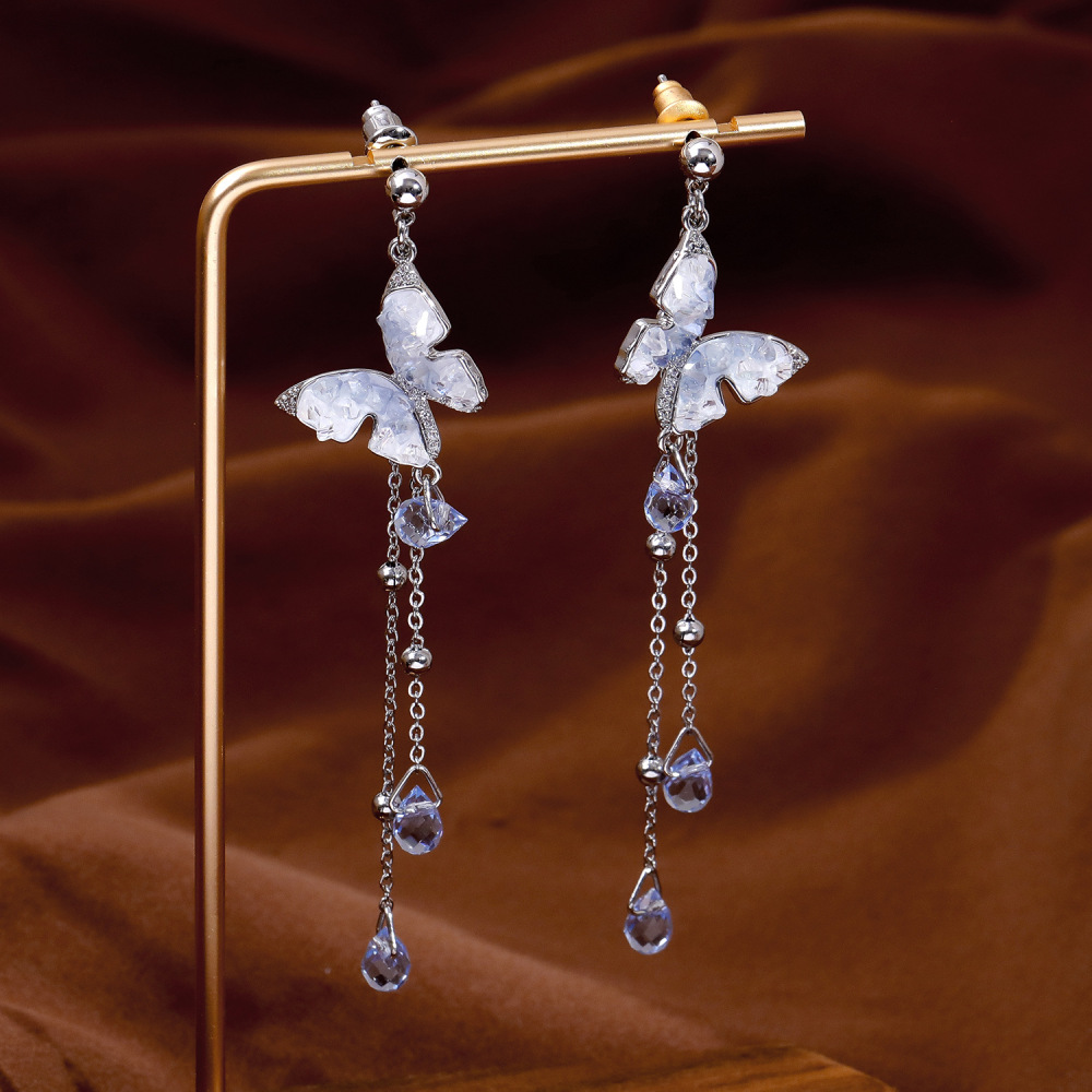 Luxurious Gradient Crystal Butterfly Waterdrop Tassel Earrings Fashion Sweet Personality Round Face Women's Jewelry Accessories
