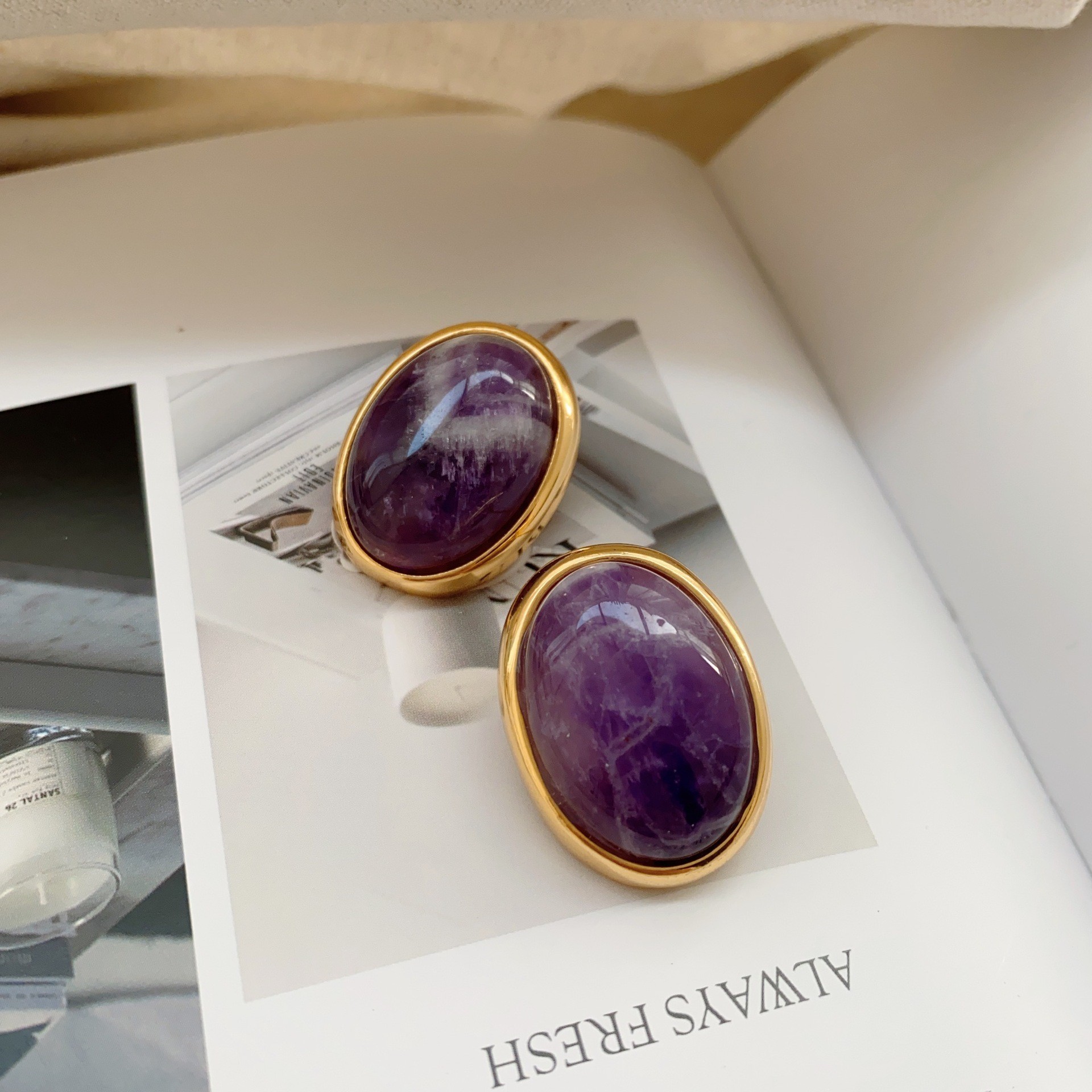 Retro Purple Crystal Stone Earrings Bohemian Style Floral Print Vintage Feelings Women's Jewelry Accessories Ear Cares
