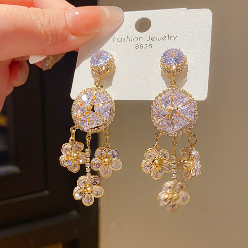 Fashionable French Vintage Silver Needle Zircon Flower Tassel Earrings Luxury Feelings Women's Jewelry Accessories