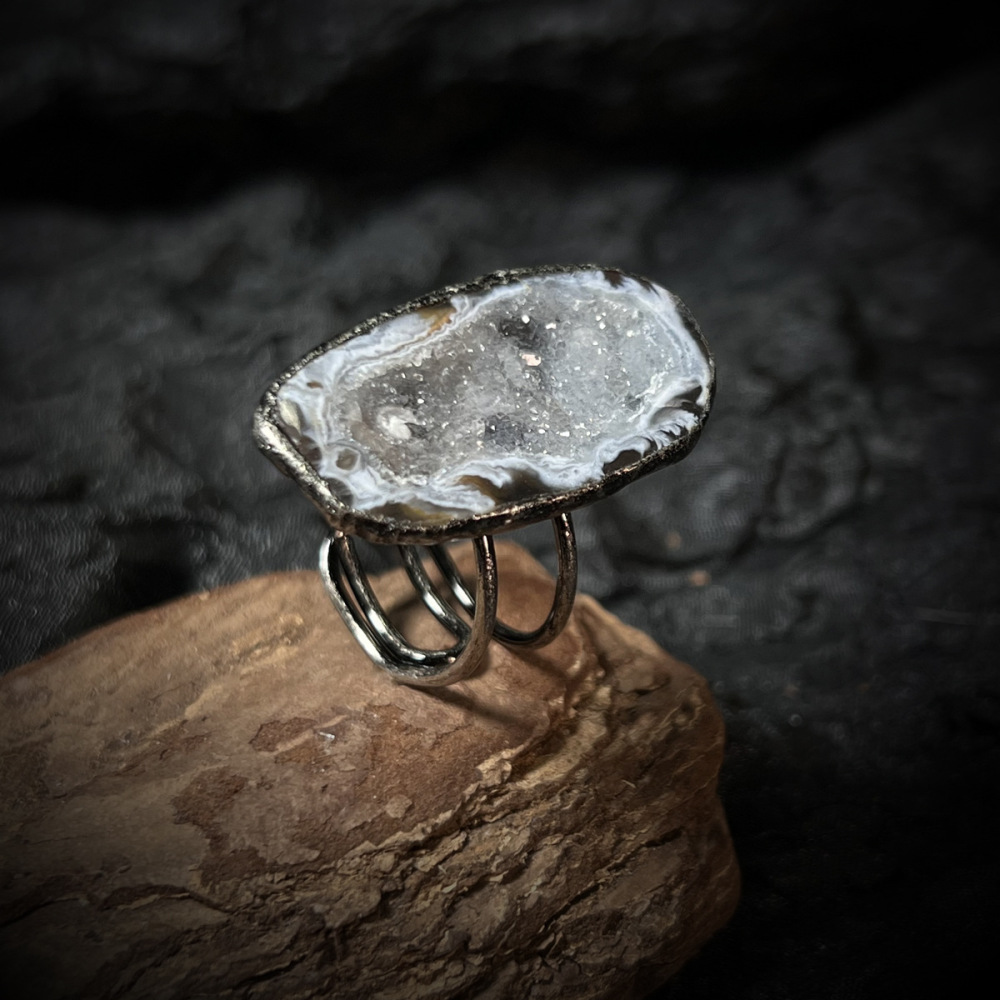 Retro Handmade Adjustable Silver Gold Plated Agate Crystal Ring Open Geometric Unisex Wide Band Jewelry Accessories