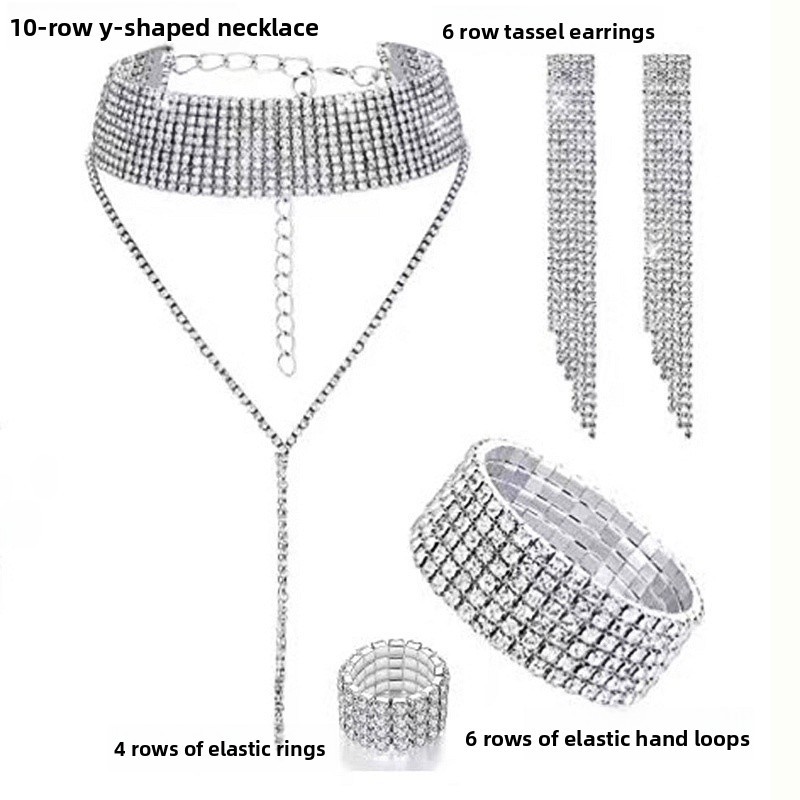 Full Diamond Claw Chain Necklace Bracelet Ring Earrings Four-Piece Set Geometric Women's Jewelry Accessories