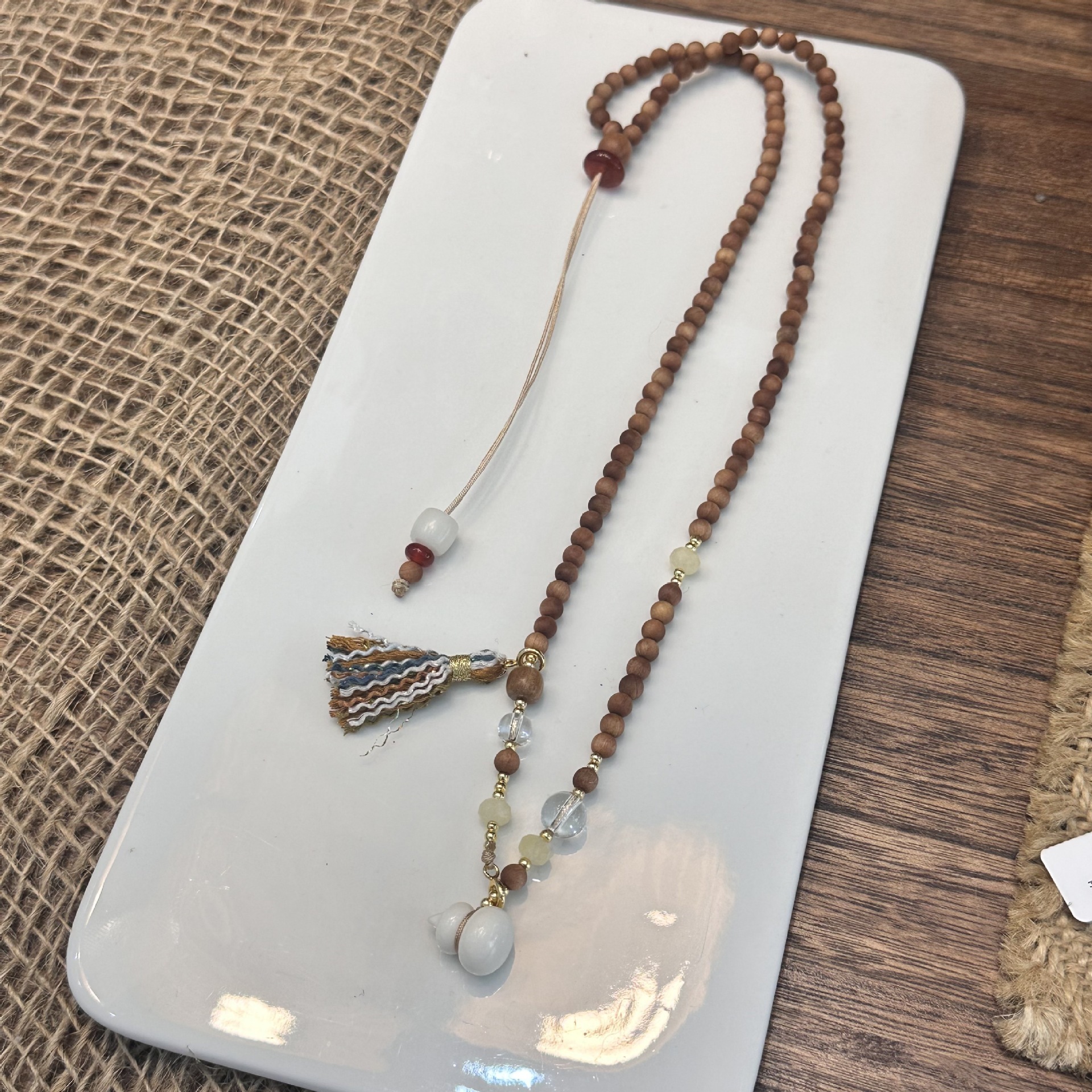New Chinese Style Long Necklace With White Crystal Camel Bone Ivory Gourd Sandalwood Accessories Drawstring Design For Cheongsam