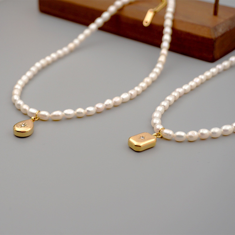 Gold Titanium Steel Water Drop Necklace Freshwater Pearl Retro Collarbone Chain Women's Jewelry Accessories