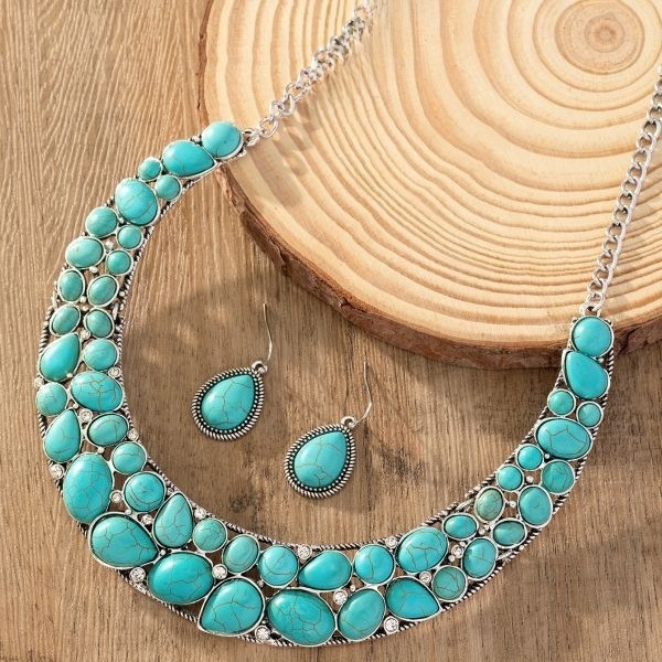 Vintage Western Style Necklace And Earring Set Green Turquoise White Gold Plated Water Drop Choker Bracelet European And American New Fashion Accessories