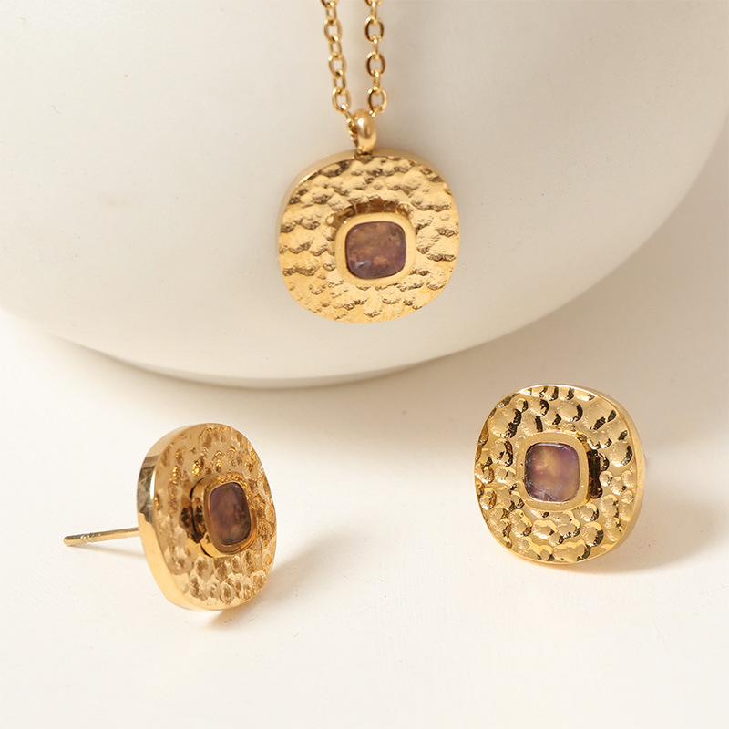 Natural Stone Jewelry Set Hammered Square Earrings For Women Summer High-end Non-fading Accessories Stainless Steel Material