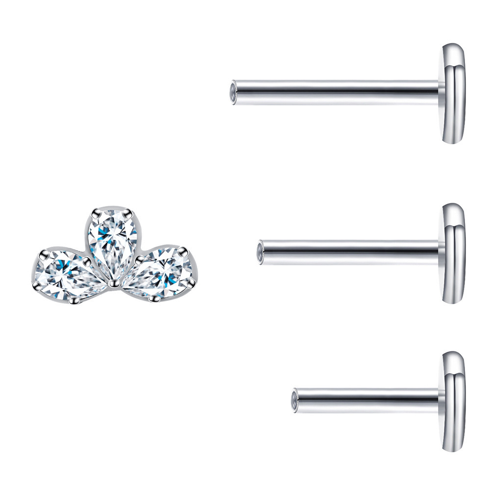 G23 Titanium Material Zircon Threaded Flat Back Earrings Ear Bone Stud Nose Stud Polished Piercing Jewelry Ear Accessories