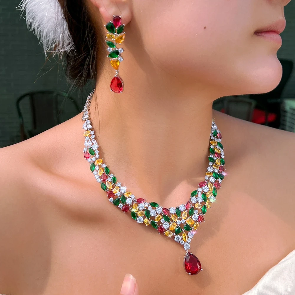 Copper Colorful Cubic Zirconia Necklace And Earrings Two-Piece Set Luxurious Water Drop Shaped Jewelry Set Suitable For Women Bridal Party Banquet Wedding Wear