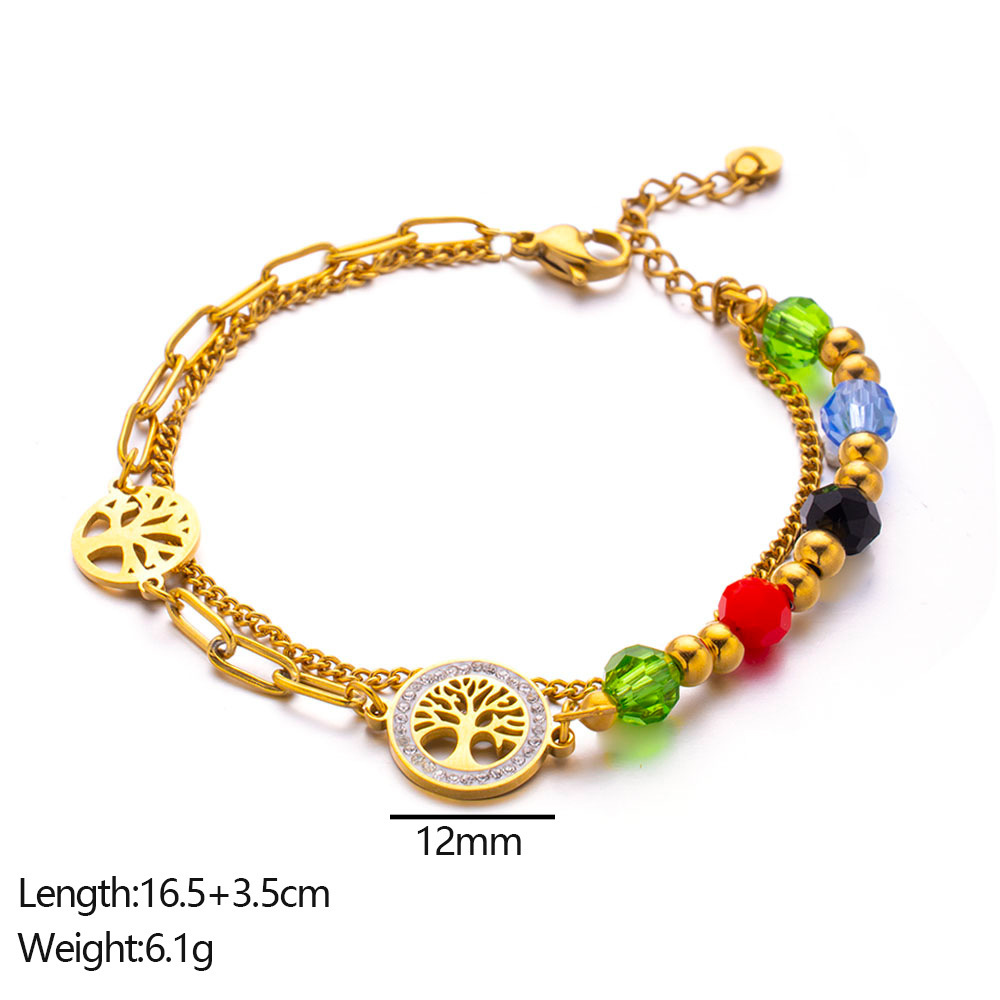 Double Layer Connected Irregular Round Colorful Beads Fashionable Luxury Retro Tree Of Life Bracelet For Women Titanium Steel