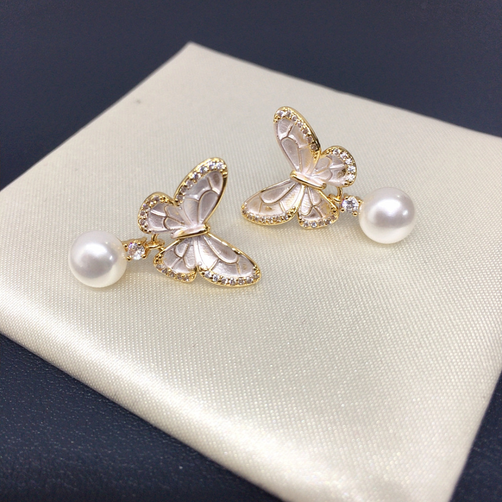 High Quality Natural Freshwater Pearl Earrings Women's Baked Paint Engraved Zircon Butterfly Elegant Jewelry Accessories