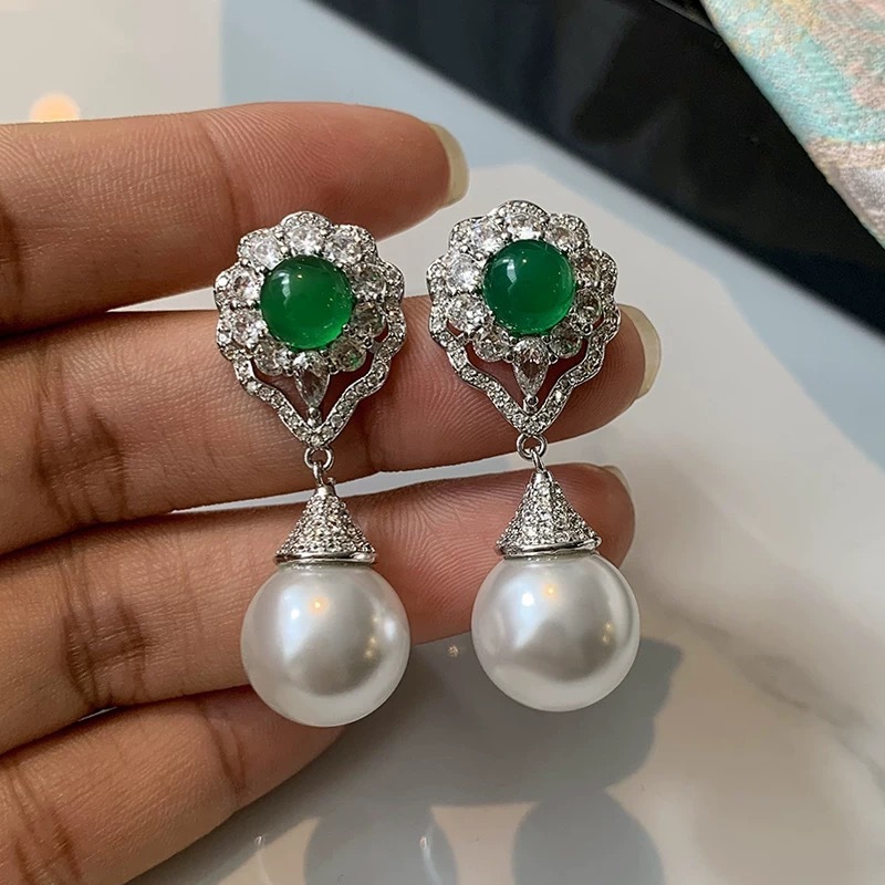 Natural Green Agate Pearl Drop Earrings Women's Luxury Unique Design High-End Sensation Court Style Jewelry Accessories