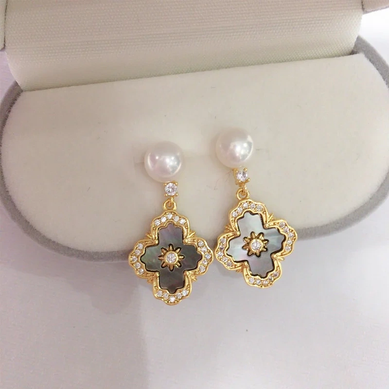 Natural Fresh Water Pearl Earrings Women's French Royal Style Cross Pearl Stud Earrings Natural Sea Shell Fritillary Inlaid