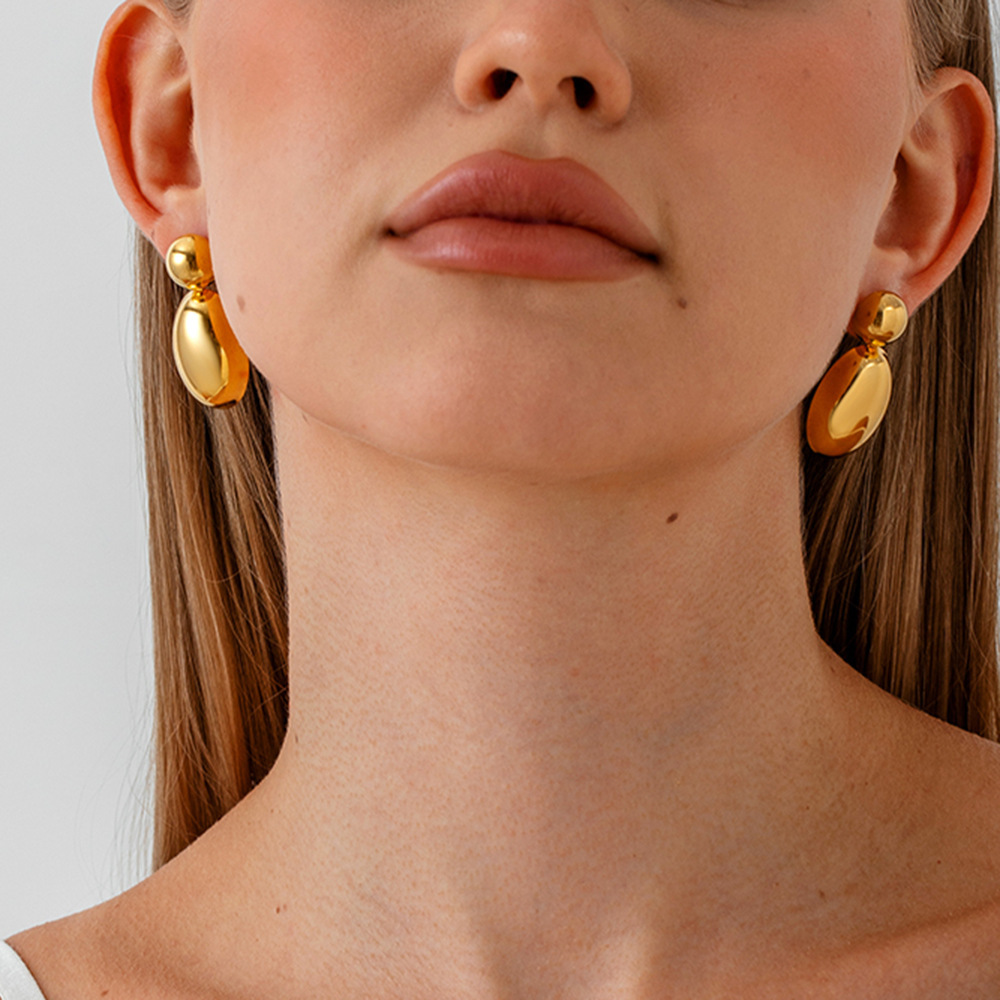 Geometric Stainless Steel Earrings Gold Plated 18K Smooth Surface Oval And Round Shaped Fashionable Women's Jewelry Accessories