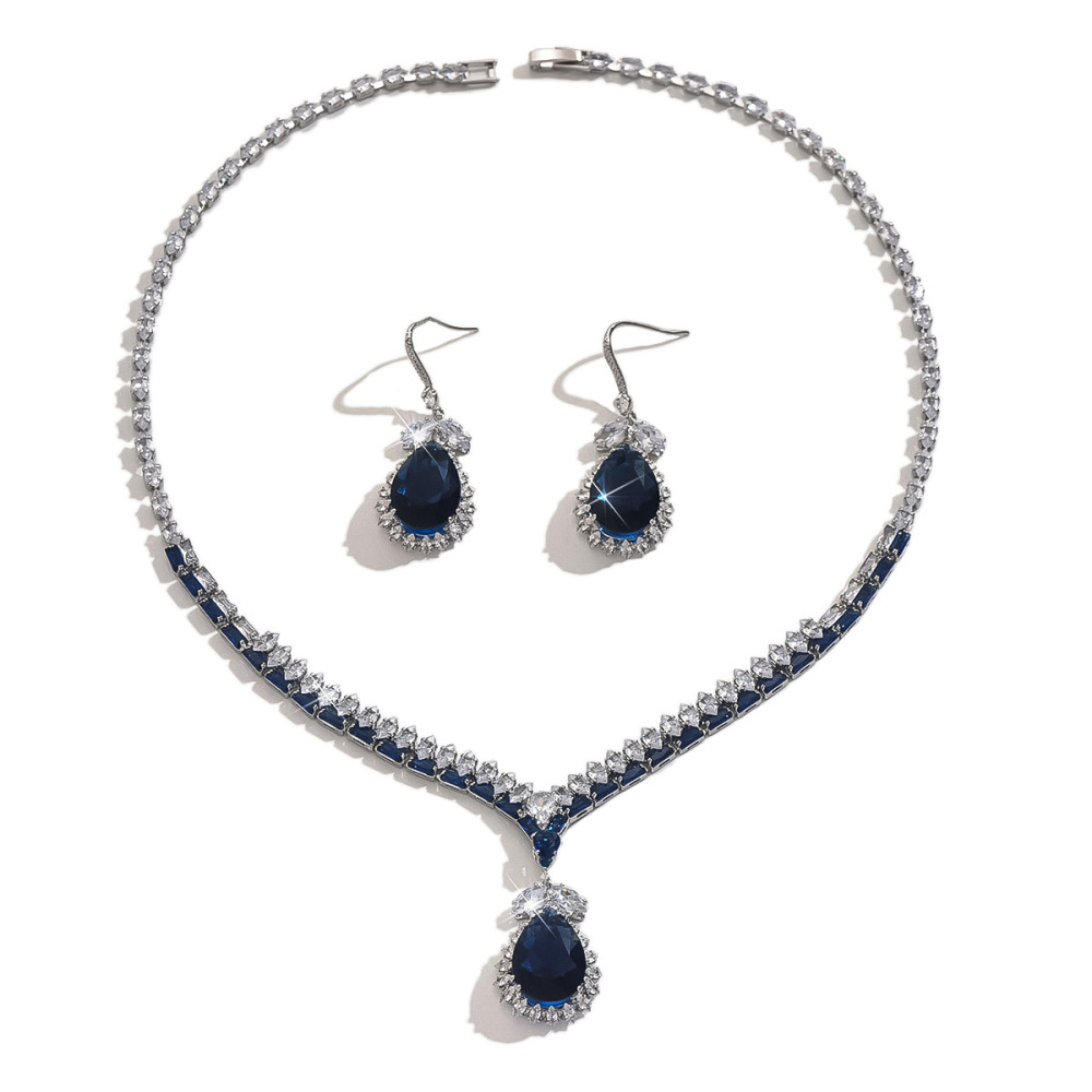 Elegant Blue Drop Pendant Earrings And Necklace Wedding Jewelry Set For Women Fashionable Bridal Accessories With Zirconia