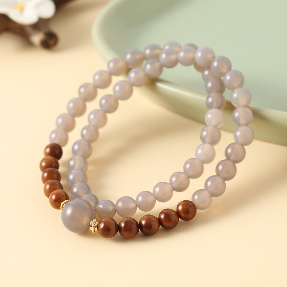 Natural Old Mountain Sandalwood Double Circle Bracelet DIY Accessories Agate Women's Style Retro Gift Geometric Pattern Luxury Craft