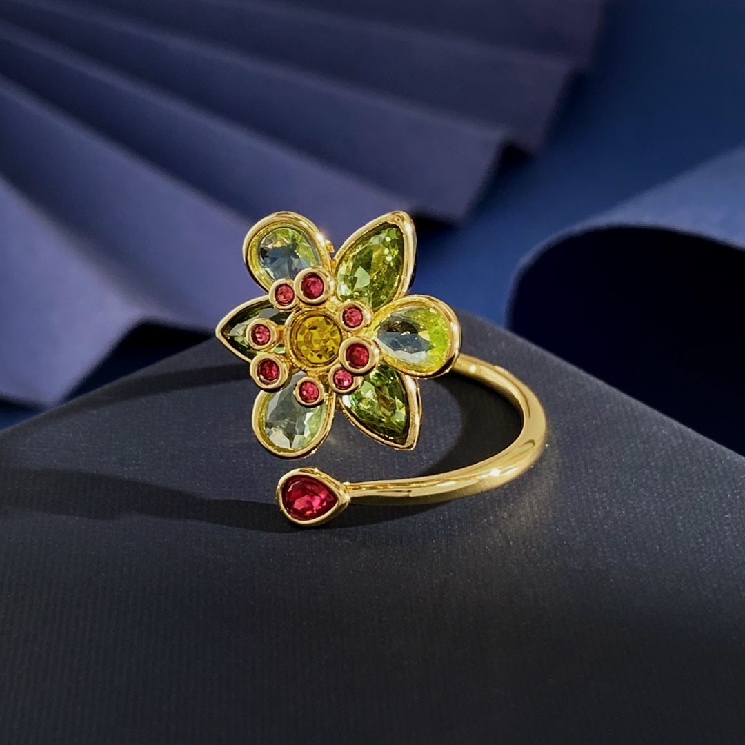 2025 New Crystal Colorful Flower Women's Earrings Elegant Sensation Small Design Daily Wear Adjustable Size Bronze Ring