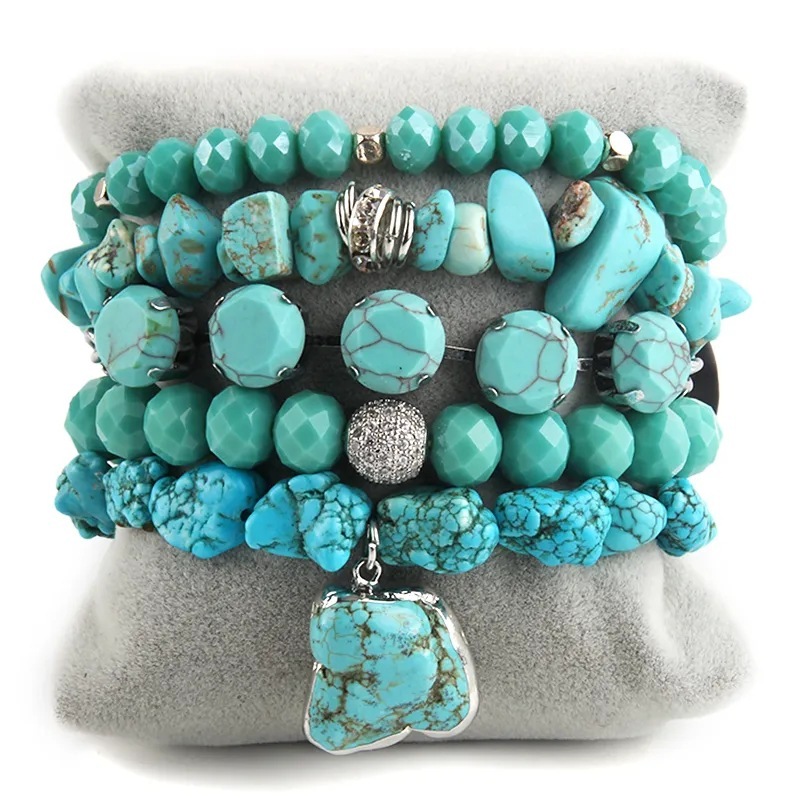 Bohemian Style Elastic Natural Semi-Precious Stone Turquoise Glass Stackable Bracelet Women's Fashion Jewelry Accessories