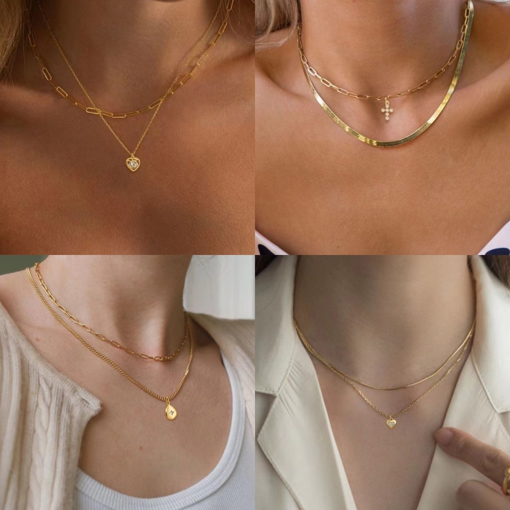 Fashion Layered Accessories: 18K Gold Plated Copper Heart-Shaped Hollow Pendant Necklace And Checkered Paperclip Set, Shiny Cubic Zirconia, Essential For Women