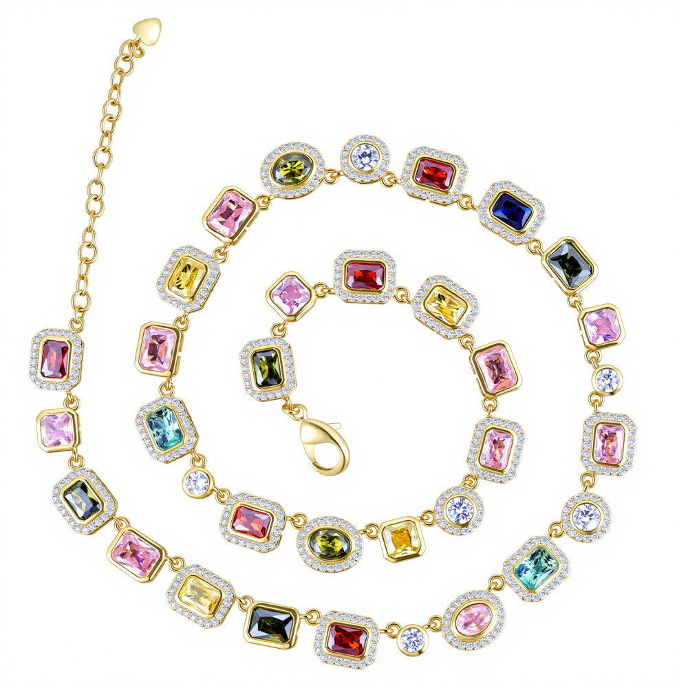 Colorful Gemstone Jewelry Set For Men And Women Hip Hop Style Zircon Necklace And Bracelet Popular Trendy Jewelry Accessories
