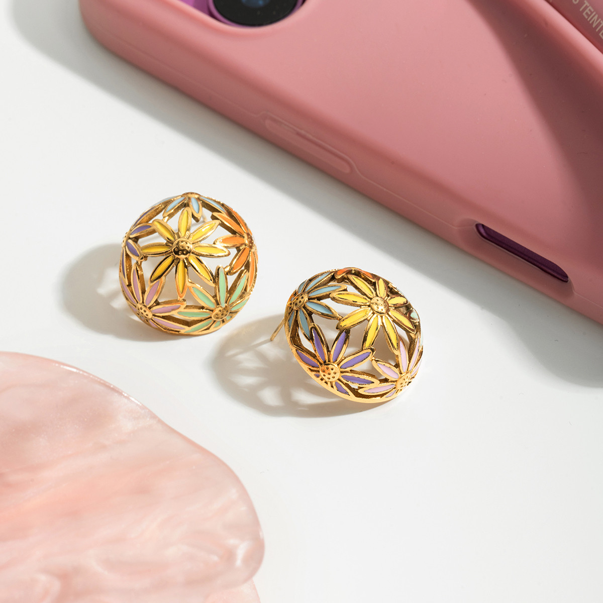 Women's Style - Sweet Style / 18K Gold Stainless Steel + Oil Drop / Colorful Oil Drop Hollow Ball Flower Earrings Pair