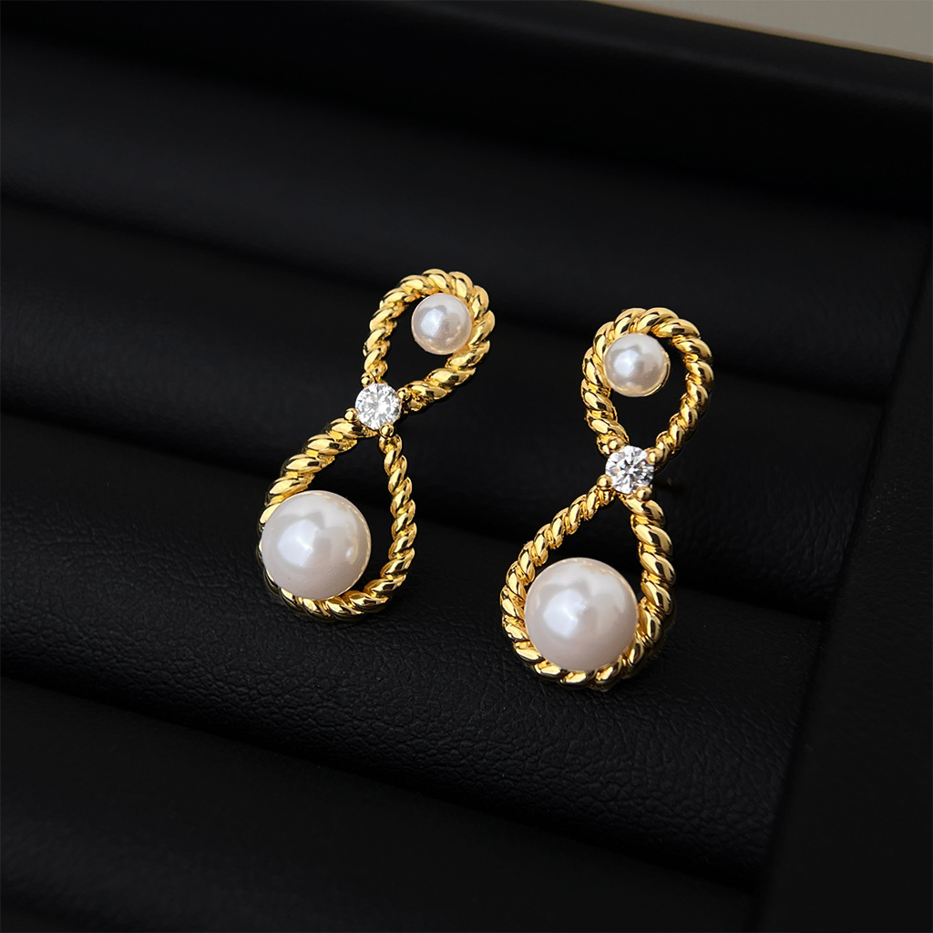 Original Design Thick Plated 18K Gold Mobius Ring Pearl Zircon Earrings Geometric Twist S925 Silver Needle Women's Jewelry