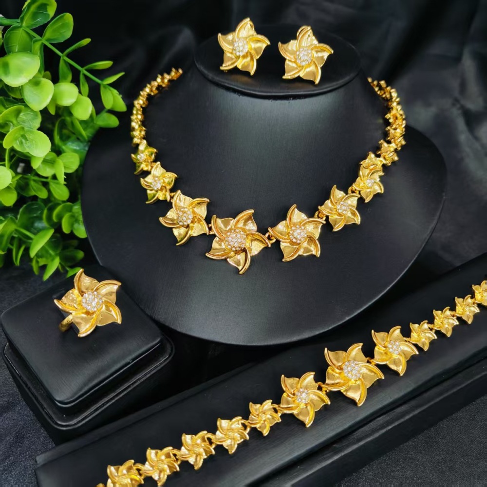 Middle East Dubai Jewelry Set Vietnam Bride Wedding Accessories Necklace Bracelet Earrings Ring Four Piece Set Floral Design