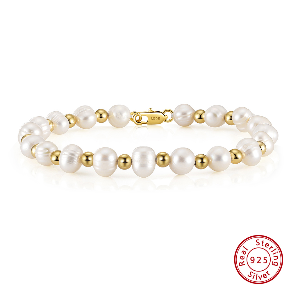 Men's Simple Style Solid Color Freshwater Pearl Sterling Silver Beaded Stone-Free Plated 14K Gold Plated Bracelets