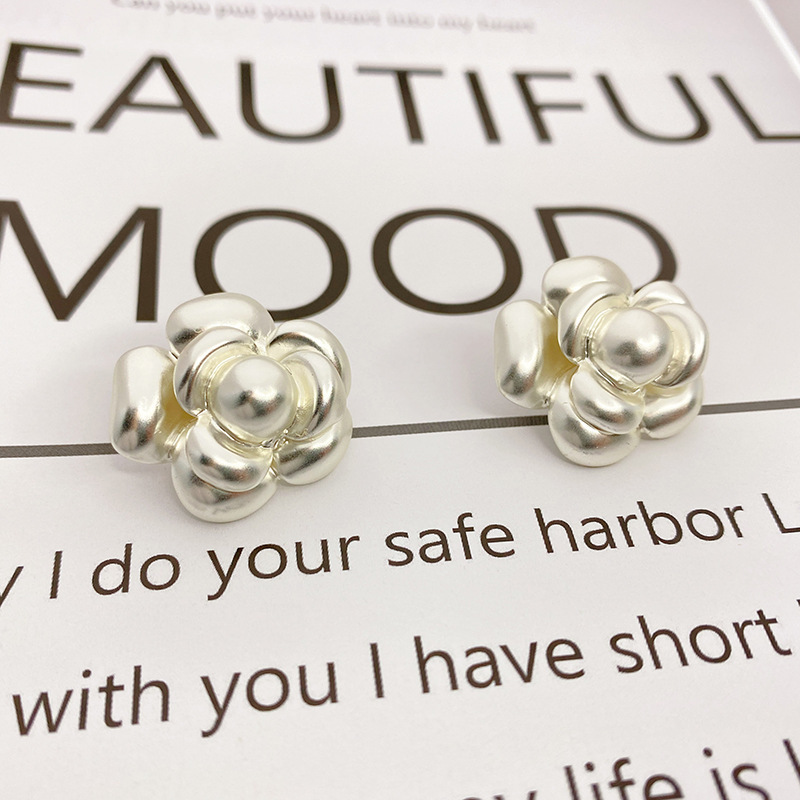 Fashionable Tea Rose Earrings Women's S925 Silver Needle Half-Matte Silver Color Floral Patterned Jewelry Accessories