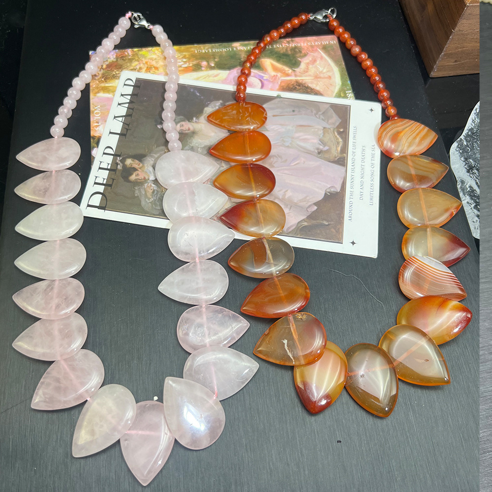 Vintage Simple Natural Stone Pink Crystal Agate Waterdrop Leaf Beads Necklace  Style Jewelry Accessories