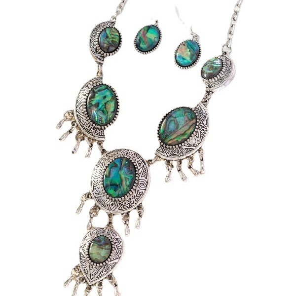 New Retro  Fashion Oval Flower Shape Abalone Shell Earrings Necklace Set Personalized Jewelry Accessories
