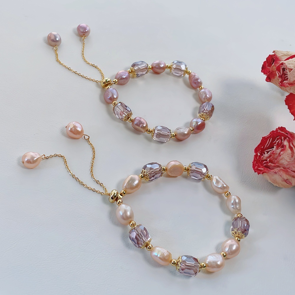 French Vintage Purple Quartz Pearl Bracelet Baroque Luxury Ins Niche Bracelet Best Friend Jewelry Pink And Purple Natural Pearl Accessories