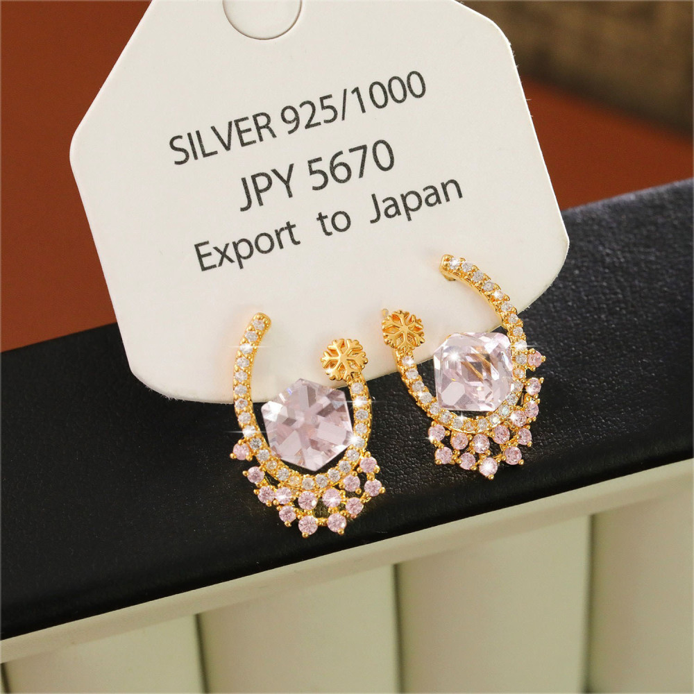 Elegant Pink Zircon Stud Earrings Fashionable Geometric Pattern Women's Jewelry Accessories Shiny Gentle Lady Ear Decor High-End Hoops