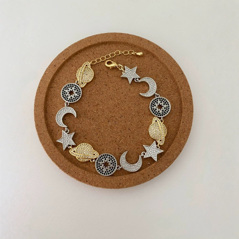 Retro Alloy Full Diamond Connected Stars Moons Planets Bracelet Necklace Women Simple Style Copper Jewelry Accessories