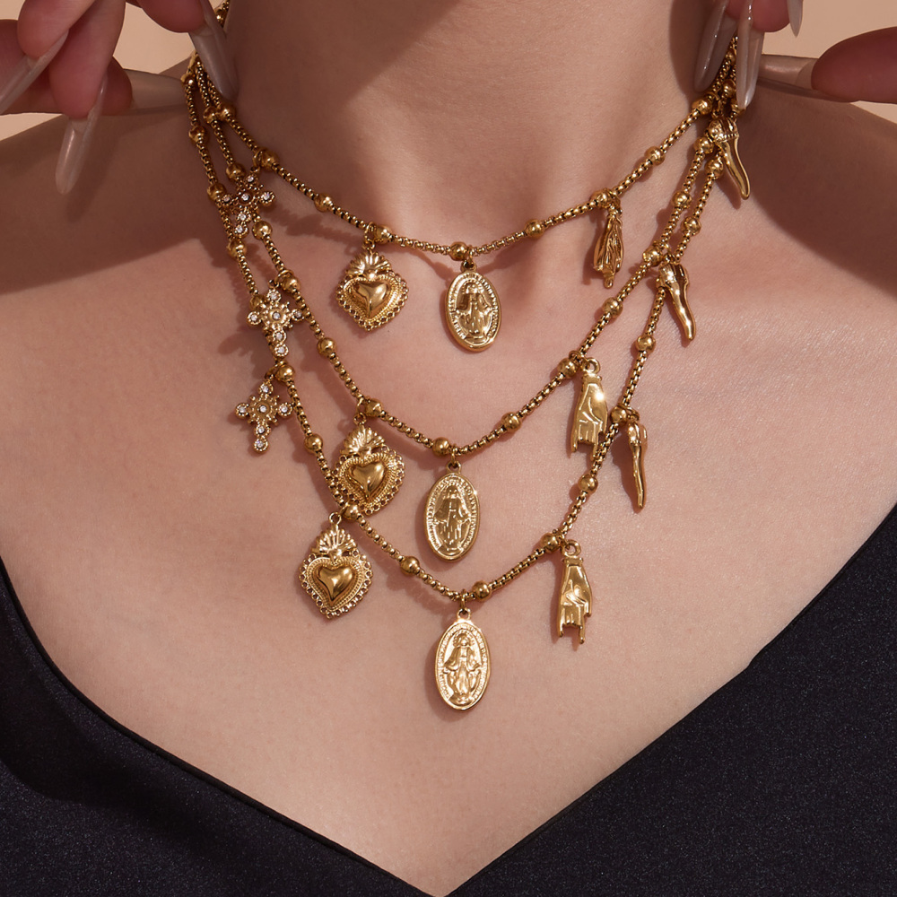 Stainless Steel DIY Multi-Parts Pendant Necklace Cross Heart Oval Jewelry Accessories 18K Gold Plated Versatile Jewelry