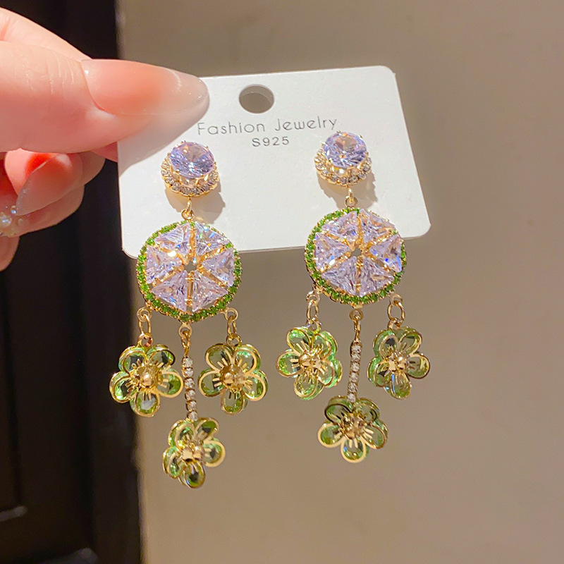 Fashionable French Vintage Silver Needle Zircon Flower Tassel Earrings Luxury Feelings Women's Jewelry Accessories