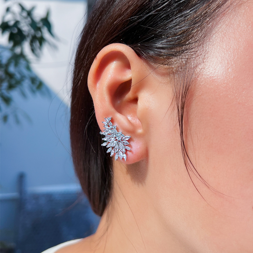 Graceful Angel Wing Shape Earrings For Women Full Zircon Rhombus Ear Clips Pair Copper Water Plated Rhodium Jewelry Accessories