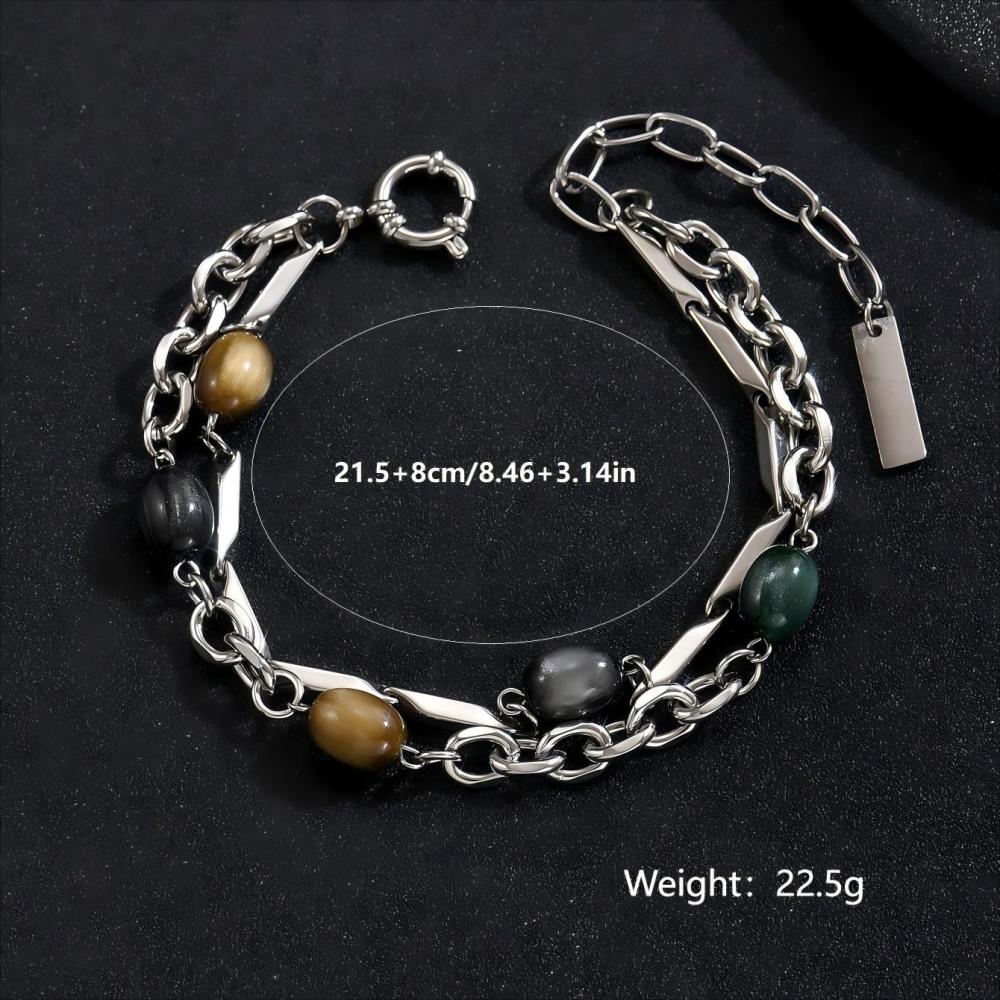 1 Piece 201 Stainless Steel Multicolor Stone Splicing Metal Chain Unisex Couple Bracelet Suitable For Couples, Best Friends, Parties, Gatherings, Vacations Jewelry Accessories