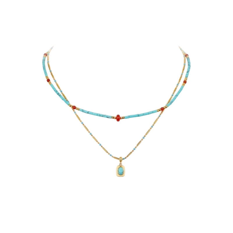 Three-layer Turquoise Bohemian Style Titanium Steel Collarbone Chain Necklace Women's Jewelry Accessories Heart Shape Geometric Pattern Design