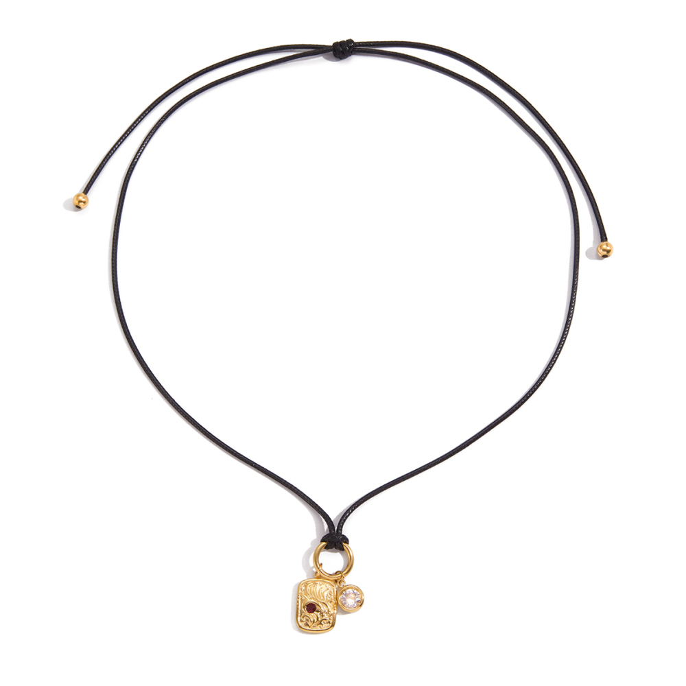 Classic Style Designer Pendant Necklace For Women 18K Gold Stainless Steel Zirconia Stones Red Water Diamond Square Coin Series Black Wax Rope 82cm
