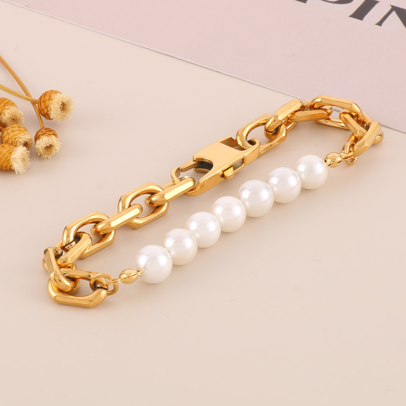 PVD Coated 18K Gold Plated Geometric Stainless Steel Freshwater Pearl Simple Style Classic Style Waterproof Non Tarnish Bracelets