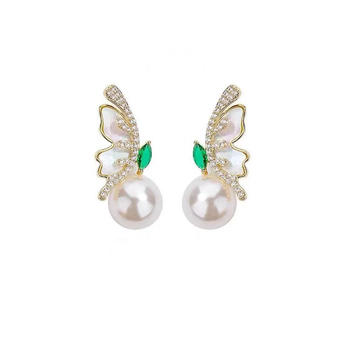 Natural Fritillary French Style Green Diamond Butterfly Pearl Stud Earrings Women's Light Luxury High-Grade Beautiful Fashion Earrings Earrings