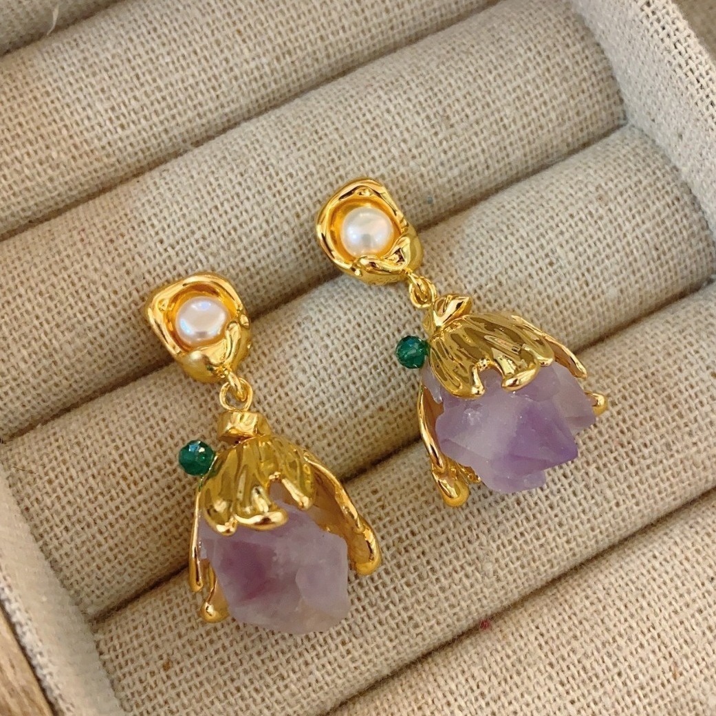 Retro Purple Crystal Stone Earrings Bohemian Style Floral Print Vintage Feelings Women's Jewelry Accessories Ear Cares