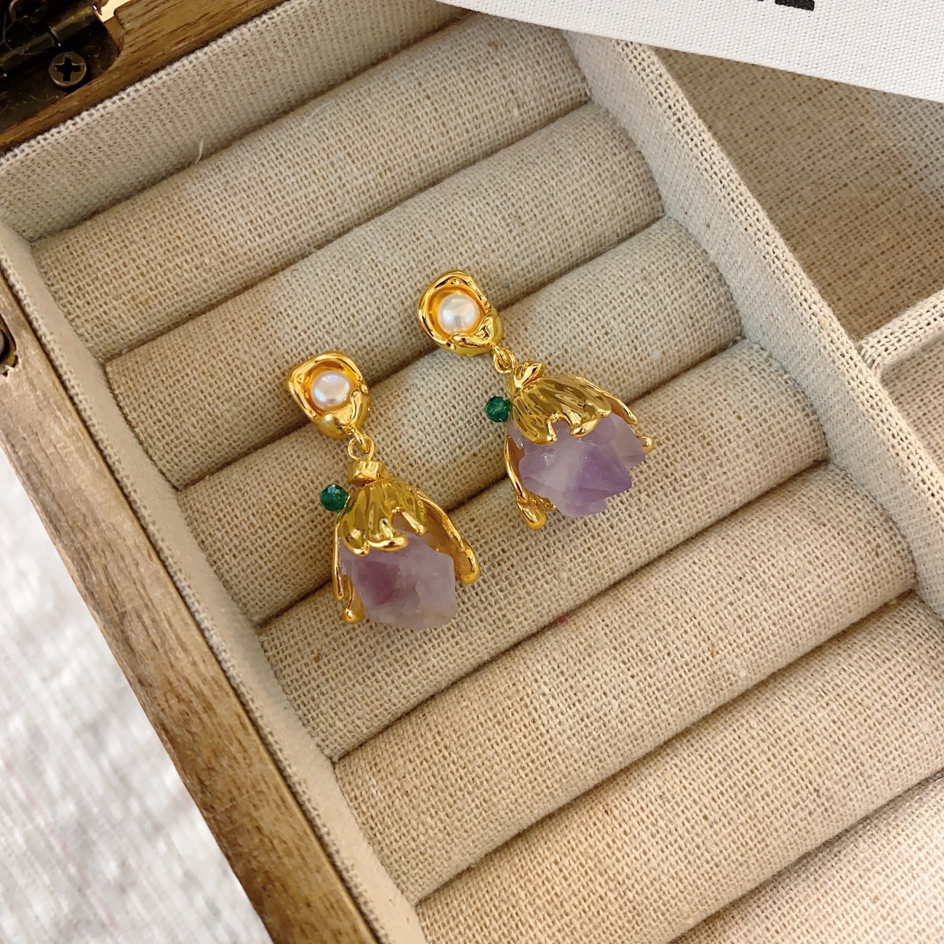 Retro Purple Crystal Stone Earrings Bohemian Style Floral Print Vintage Feelings Women's Jewelry Accessories Ear Cares