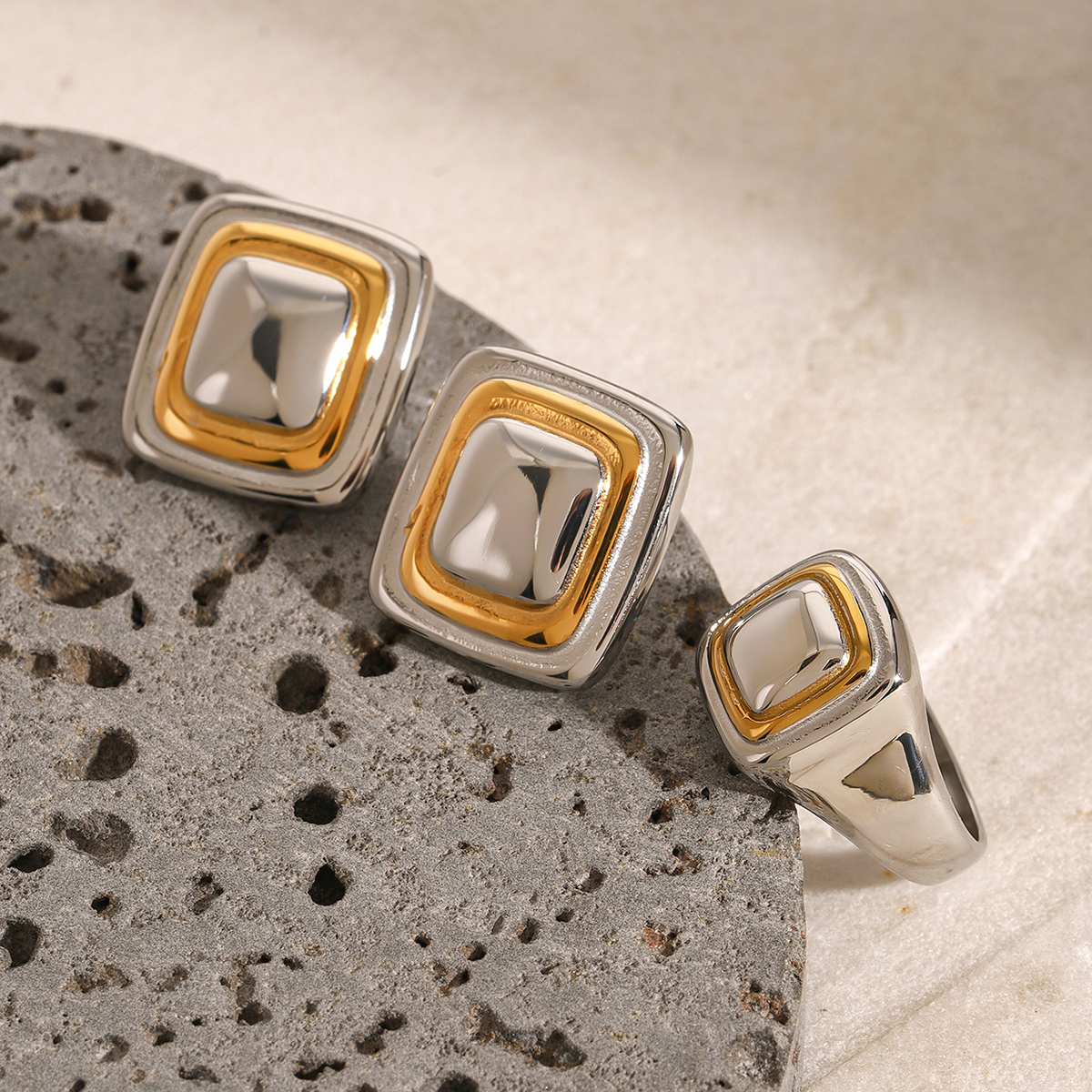 304 Stainless Steel Square PVD Coated 18K Real Gold Plated Vintage Style Classic Style Mixed Metal Rings Earrings
