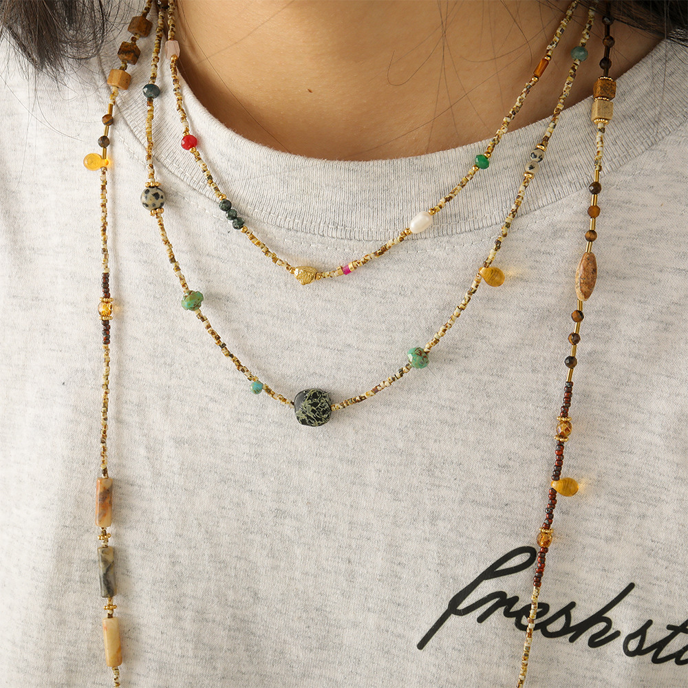 Ins Style Natural Stone Beaded Necklace Non-fading Sweater Chain Women's Vintage Accessories Autumn Winter Tiger Eye Stone Jewelry