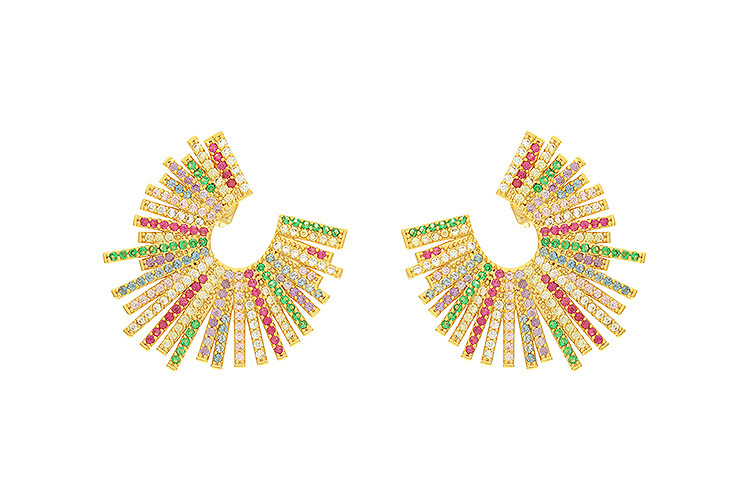 Exaggerated Geometric Mixed Color Zircon Inlaid Gold Plated Earrings Fashionable Personality U-Shaped Jewelry Accessories