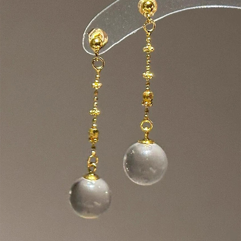 Elegant Long White Crystal Ball Pendant Round Bead Chain Earrings High-End Feelings Women's Fashion Jewelry Ear Decorations